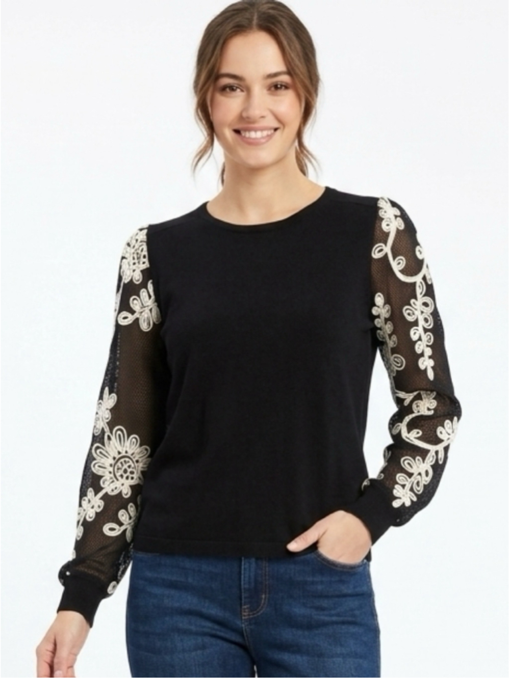 La Vila Milano Black Top with Ivory Floral Embroidered Mesh Sleeves Large - 564